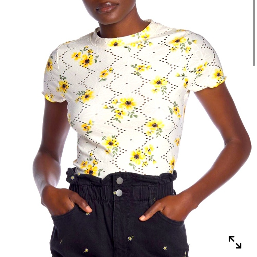 Short Sleeve Floral Print Eyelet T-Shirt NWT